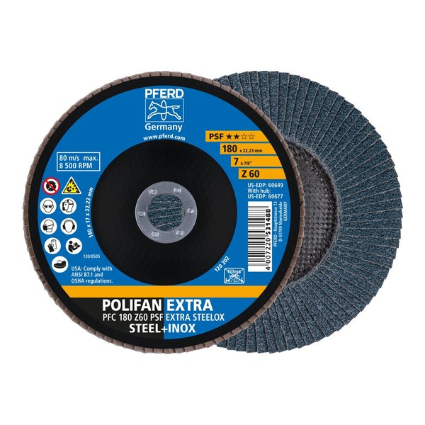 Pferd 7" x 7/8" A.H. POLIFAN® Flap Disc - Z PSF EXTRA STEELOX, Zirconia, 60 Grit, Conical 60649